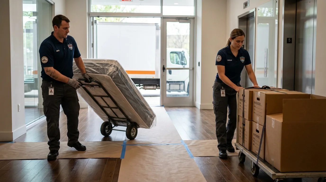 Professional apartment movers loading elevator in Sublette, KS